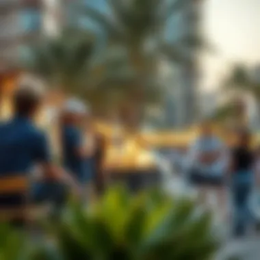 Vibrant community life captured in Al Reef Downtown with people enjoying outdoor spaces