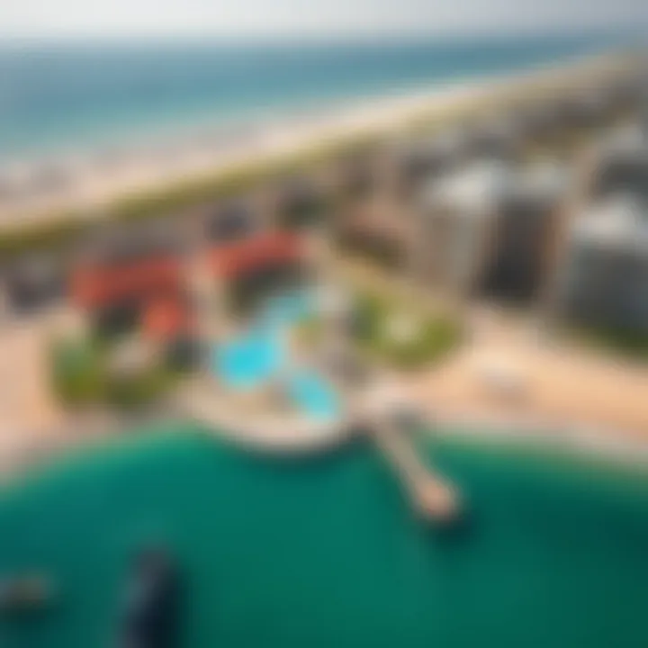 An aerial view of Bateen Beach highlighting its recreational facilities and amenities