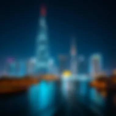 Night view of Creek Horizon Tower illuminating Dubai's skyline