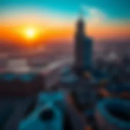 Panoramic view of Creek Tower at sunset