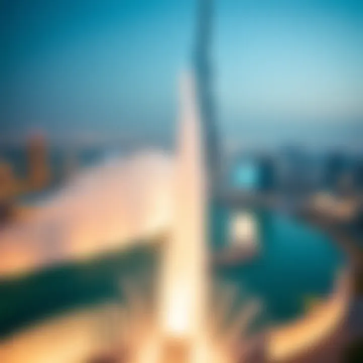 Aerial View of Dubai Fountain and Burj Khalifa Aerial view of Dubai Fountain with the Burj Khalifa in the background