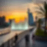 A stunning view of the Dubai Fountain Boardwalk at sunset