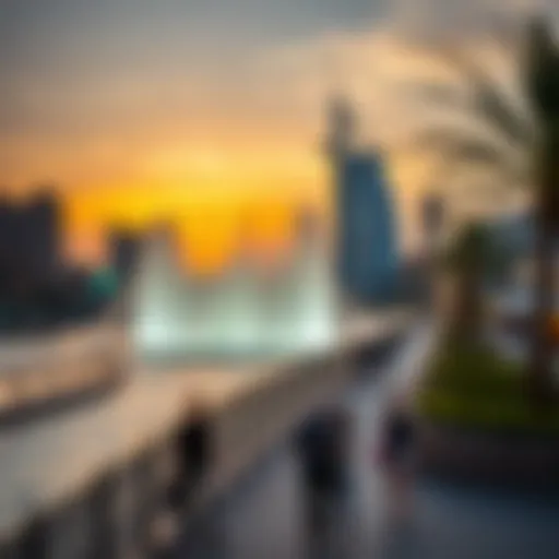Dubai Fountain Boardwalk at Sunset A stunning view of the Dubai Fountain Boardwalk at sunset