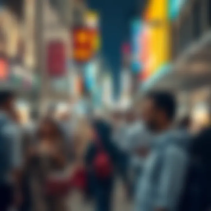 A bustling real estate market scene in Emirates City with potential investors