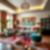 A bohemian-inspired living room featuring vibrant textiles and eclectic decor elements.