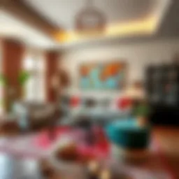 A bohemian-inspired living room featuring vibrant textiles and eclectic decor elements.