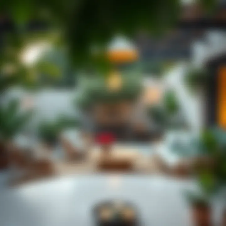 An outdoor space adorned with boho-style furnishings and lush greenery.