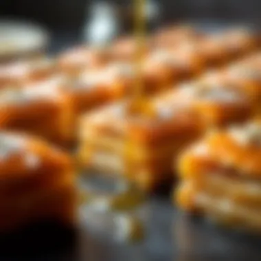 Richness Captured: The Irresistible Texture of Baklava A close-up of golden, flaky baklava drizzled with honey