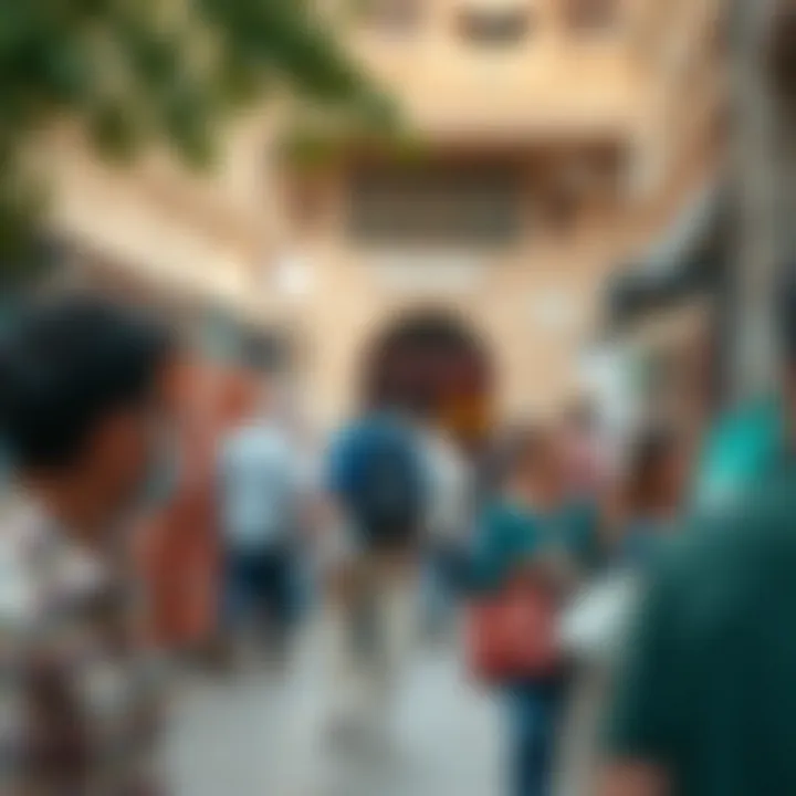 Cultural Interaction Near برج الصير A bustling scene around برج الصير emphasizing cultural interactions