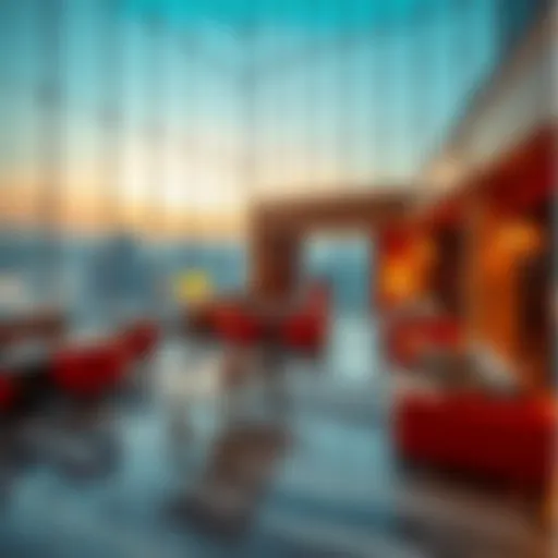 A luxurious lounge with stunning city views and elegant decor