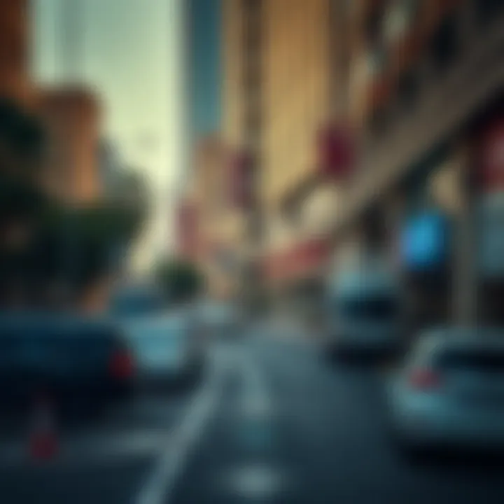 Urban Street with Free Parking Spaces An overview of a bustling urban street with free parking spaces