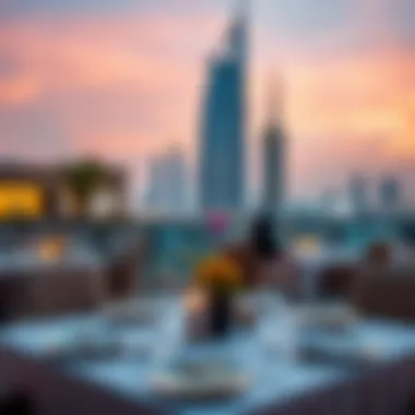 Sunset Dining Experience for Iftar A vibrant sunset view over Dubai with dining setups for iftar