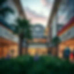 Exterior view of a premium outlet mall showcasing luxury brands