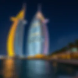 Illuminated exterior of Burj Al Arab at night, showcasing its iconic silhouette