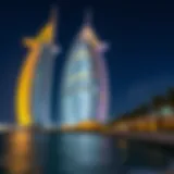 Burj Al Arab at Night Illuminated exterior of Burj Al Arab at night, showcasing its iconic silhouette