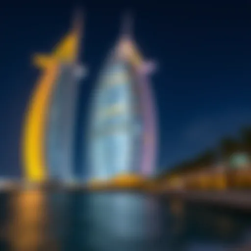 Burj Al Arab at Night Illuminated exterior of Burj Al Arab at night, showcasing its iconic silhouette