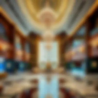 Opulent Lobby of Burj Al Arab Luxurious interior lobby of Burj Al Arab, featuring opulent decor and grand chandeliers
