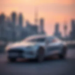 A sleek electric car parked against a city skyline