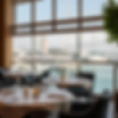 Sophisticated Waterfront Dining Experience Elegant dining setup overlooking the marina