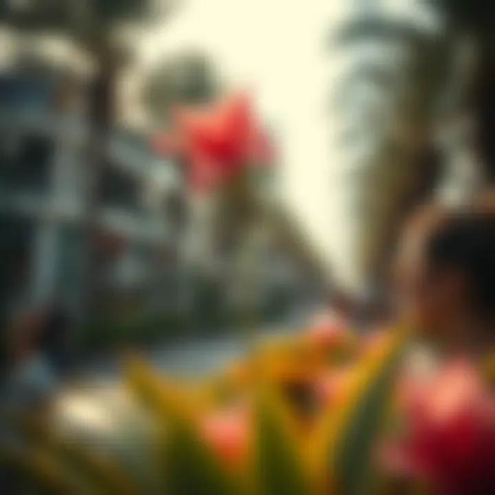 Tourism and the Allure of Palm Flowers Tourists enjoying the beauty of palm flowers in Dubai