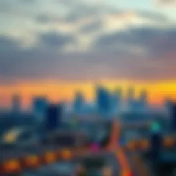 A panoramic view of the Abu Dhabi skyline at sunset