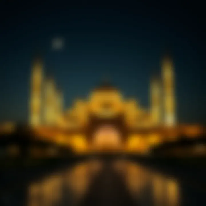 Illuminated Mosque at Night Calm evening scene of a mosque illuminated during Ramadan