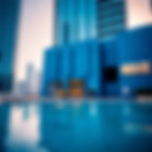 Stunning blue facade of a luxury Dubai building reflecting the skyline.
