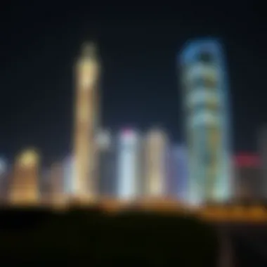 Night view of The Opus lit up, demonstrating its prominence in the Dubai skyline