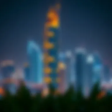 Tiger Building Illuminated at Night Amidst Dubai's Skyline Nighttime view of the Tiger Building illuminated against the Dubai skyline