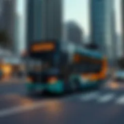 F32 bus navigating urban landscape