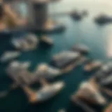 Aerial view of a luxurious marina showcasing various yachts and boats