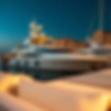 Premium Marina Bed Space with Elegant Yacht An elegant yacht docked at a marina, highlighting premium marina bed space