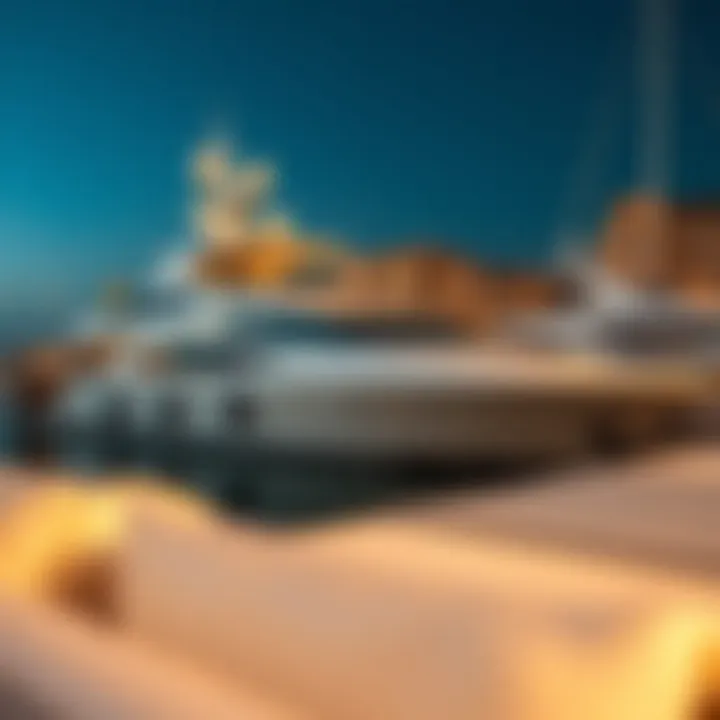 Premium Marina Bed Space with Elegant Yacht An elegant yacht docked at a marina, highlighting premium marina bed space
