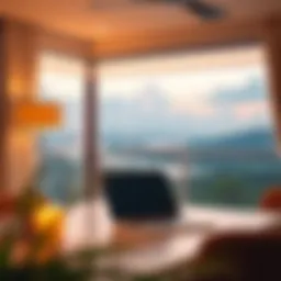 A serene workspace with a laptop overlooking a scenic view