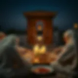 A serene pre-dawn scene showcasing a traditional Suhoor meal